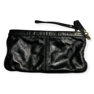 COACH Black Leather Wristlet Clutch Pouch Vintage Brass Hardware Zippered Wallet